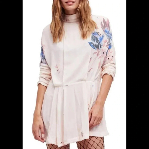Free People Ivory Floral Tie Back Tunic Dress XS